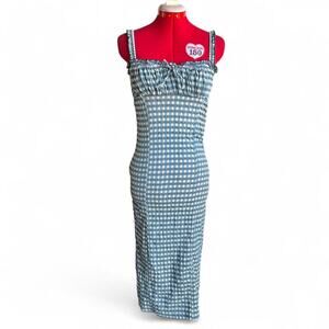 Free People Lucinda Midi Dress in Indigo Combo Gingham Pencil Milkmaid Ruffle